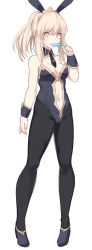 Rule 34 | 1girl, alternate costume, animal ears, artoria pendragon (all), artoria pendragon (fate), artoria pendragon (swimsuit ruler) (fate), artoria pendragon (swimsuit ruler) (fate) (cosplay), bare arms, bare shoulders, black footwear, blonde hair, breasts, cleavage, commentary request, cosplay, fake animal ears, fate/grand order, fate (series), fishnet pantyhose, fishnets, full body, hair ornament, holding, ice, leotard, looking at viewer, medium breasts, navel, pantyhose, playboy bunny, rabbit ears, saber alter, shirt, shiseki hirame, shoes, solo, wrist cuffs, yellow eyes