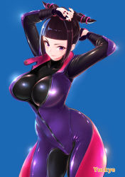 Rule 34 | 1girl, bodysuit, breasts, capcom, cleavage, fingerless gloves, gloves, han juri, highres, large breasts, lips, solo, street fighter, street fighter iv (series), street fighter v, thick thighs, thighs
