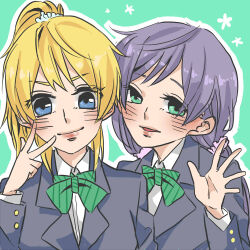 Rule 34 | 2girls, ayase eli, blazer, blonde hair, blue eyes, blue jacket, blush, bow, bowtie, closed mouth, collared shirt, dress shirt, green background, green bow, green bowtie, green eyes, hair ornament, hair scrunchie, jacket, kashikaze, long hair, long sleeves, looking at viewer, love live!, love live! school idol project, low twintails, multiple girls, otonokizaka school uniform, outline, parted lips, ponytail, purple hair, purple skirt, school uniform, scrunchie, shirt, skirt, striped bow, striped bowtie, striped clothes, tojo nozomi, twintails, upper body, w, waving, white outline, white scrunchie, white shirt