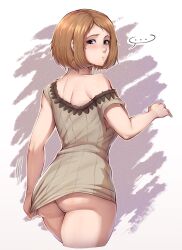 ... 1girl :t ass blue_eyes blush bottomless brown_hair commentary cropped_legs evomanaphy fire_emblem fire_emblem_heroes highres kiran_(female)_(fire_emblem) kiran_(fire_emblem) looking_back medium_hair nintendo parted_bangs pout solo spoken_ellipsis symbol-only_commentary thighs