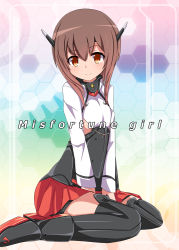 Rule 34 | 10s, 1girl, black thighhighs, blush, brown eyes, brown hair, english text, flat chest, hair between eyes, headgear, honeycomb (pattern), honeycomb background, honeycomb pattern, kantai collection, long sleeves, looking at viewer, pleated skirt, shiraha (orega-gandamud), skirt, smile, solo, taihou (kancolle), thighhighs, v arms