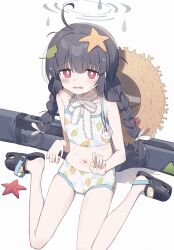 Rule 34 | 1girl, ahoge, bikini, black footwear, black hair, black hat, blue archive, blush, braid, bright pupils, commentary, crocs, flat chest, full body, halo, hat, hat on back, highres, leaf, leaf on head, leaf print, long hair, looking at viewer, messy hair, miyu (blue archive), miyu (swimsuit) (blue archive), navel, official alternate costume, open mouth, red eyes, ribbon, simple background, sitting, solo, starfish, stomach, straw hat, sweat, swimsuit, symbol-only commentary, twin braids, wagashi928, white background, white pupils, white ribbon