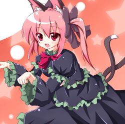 Rule 34 | 1girl, animal ears, bad id, bad pixiv id, black dress, bow, cat ears, cat girl, cat tail, dress, fang, female focus, hair bow, kaenbyou rin, kuromari (runia), multiple tails, open mouth, paw pose, red eyes, red hair, short hair, smile, solo, tail, touhou, twintails