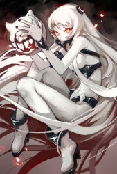 Rule 34 | 10s, 1girl, abyssal ship, airfield princess, ankle boots, boots, colored skin, covered navel, erjiu, floating fortress (kancolle), highres, kantai collection, leotard, long hair, looking at viewer, orange eyes, very long hair, white footwear, white hair, white skin