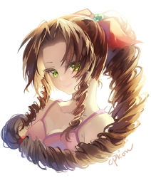 Rule 34 | 1girl, aerith gainsborough, backlighting, bow, breasts, brown hair, cat princess, cleavage, closed mouth, collarbone, drill hair, final fantasy, final fantasy vii, floating hair, gem, green eyes, green gemstone, hair bow, long hair, ponytail, red bow, simple background, small breasts, smile, solo, twin drills, upper body, very long hair, white background