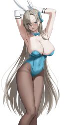 Rule 34 | 1girl, absurdres, animal ears, armpits, arms up, asuna (blue archive), asuna (bunny) (blue archive), bare shoulders, blue archive, blue bow, blue bowtie, blue eyes, blue leotard, blue ribbon, blush, bow, bowtie, breasts, brown pantyhose, cleavage, covered navel, detached collar, elbow gloves, eyes visible through hair, fake animal ears, feet out of frame, gloves, hair ornament, hair over one eye, hair ribbon, highres, large breasts, leotard, long hair, looking at viewer, mole, mole on breast, o cha (seyc3447), official alternate costume, pantyhose, parted bangs, parted lips, playboy bunny, presenting armpit, rabbit ears, ribbon, sideboob, simple background, smile, solo, standing, thighband pantyhose, thighs, white background, white gloves