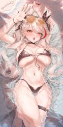 Rule 34 | 1girl, absurdres, antenna hair, armpits, arms up, azur lane, bare shoulders, bikini, black bikini, black choker, black ribbon, blush, breasts, choker, cleavage, collarbone, eyewear on head, hair ribbon, highres, large breasts, long hair, looking at viewer, lying, multicolored hair, navel, official alternate costume, on back, open mouth, orange eyes, prinz eugen (azur lane), prinz eugen (unfading smile) (azur lane), ribbon, ru 251, solo, streaked hair, sunglasses, swept bangs, swimsuit, thigh strap, thighs, tongue, tongue out, two side up, variant set, water, wet, white hair