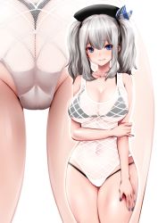 Rule 34 | 10s, 1girl, ass, bikini, bikini under clothes, black bikini, blue eyes, breasts, cleavage, close-up, covered navel, cowboy shot, fishnet swimsuit, hat, kantai collection, kashima (kancolle), large breasts, multiple views, nail polish, navel, one-piece swimsuit, see-through, simple background, smile, souryu, swimsuit, thong bikini, twintails, white background, white one-piece swimsuit