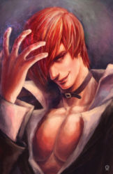 Rule 34 | 1boy, collar, evil grin, evil smile, fire, fundoshi (tofupoid), grin, hair over one eye, male focus, pectoral cleavage, pectorals, purple fire, realistic, red eyes, red hair, short hair, smile, snk, solo, the king of fighters, yagami iori