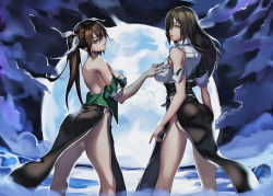 Rule 34 | 10s, 2girls, absurdres, ass, ayasakinako~, bare shoulders, black hair, grabbing another&#039;s breast, breasts, brown eyes, brown hair, chikuma (kancolle), cloud, cloudy sky, cowboy shot, from behind, from side, full moon, grabbing, gradient background, hair ribbon, highres, kantai collection, large breasts, lips, long hair, looking at viewer, looking back, looking to the side, moon, multiple girls, nako (ayasakinako), night, night sky, no panties, nose, off shoulder, open mouth, outdoors, pelvic curtain, realistic, remodel (kantai collection), ribbon, shirt, short sleeves, sky, standing, taut clothes, tone (kancolle), torn clothes, torn shirt, twintails