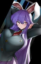 Rule 34 | 1girl, :o, animal ears, arms up, black background, blazer, blush, breasts, buttons, collared shirt, crescent, crescent pin, eyelashes, feet out of frame, hands in hair, highres, jacket, large breasts, long hair, long sleeves, looking to the side, mizuga, necktie, pink skirt, purple hair, rabbit ears, red eyes, red necktie, reisen udongein inaba, shirt, sidelocks, simple background, skirt, solo, standing, stretching, suit jacket, symbol-shaped pupils, touhou, white shirt, wing collar