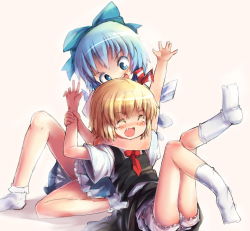 Rule 34 | 2girls, arms up, ascot, bloomers, blue dress, blue eyes, blue hair, blush, bow, child, choke hold, cirno, closed eyes, dress, fang, hair bow, hair ribbon, hakkotsu shitai, happy tears, ice, ice wings, legs up, multiple girls, no shoes, open mouth, pink background, playing, ribbon, rumia, shirt, short hair, short sleeves, simple background, sitting, skirt, skirt set, smile, strangling, tears, touhou, underwear, vest, wings, wrestling