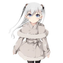 Rule 34 | 1girl, absurdres, bad id, bad pixiv id, blue eyes, blush, blush stickers, bow, buttons, closed mouth, coat, ears visible through hair, fur trim, grey bow, grey hair, hair bow, highres, long sleeves, looking at viewer, misteor, original, pantyhose, solo, twintails, white background