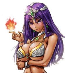 Rule 34 | 1girl, amania orz, arm under breasts, armor, bare shoulders, bikini armor, blush, breasts, circlet, cleavage, dancer&#039;s costume (dq), dark-skinned female, dark skin, dragon quest, dragon quest iv, fire, huge breasts, large breasts, long hair, looking at viewer, magic, manya (dq4), purple eyes, purple hair, shiny skin, smile, solo, square enix, underboob, upper body, white background