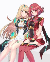 Rule 34 | 2girls, armor, armored dress, black gloves, blonde hair, blush, bodysuit, boots, breasts, chest jewel, cleavage, cleavage cutout, closed mouth, clothing cutout, covered navel, dress, fingerless gloves, gloves, highres, large breasts, long hair, looking at viewer, multiple girls, mythra (xenoblade), pyra (xenoblade), red eyes, red hair, red legwear, shinae, short dress, short hair, shoulder armor, sitting, smile, swept bangs, thigh boots, thigh strap, thighhighs, tiara, white dress, xenoblade chronicles (series), xenoblade chronicles 2, yellow eyes
