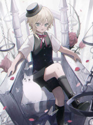 Rule 34 | 1boy, androgynous, blonde hair, blue eyes, boots, bow, bowtie, cat, flower, full body, ghost, hat, highres, looking to the side, male focus, namiki itsuki, open mouth, original, petals, rose, shirt, short hair, shorts, sitting, socks, solo, throne, trap, vest