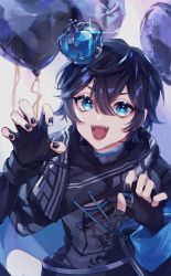 Rule 34 | 1boy, absurdres, axia krone, balloon, black hair, black nails, blue eyes, blue theme, crown, eyelashes, fingerless gloves, fingernails, glint, gloves, heart, highres, long sleeves, looking at viewer, male focus, mini crown, nail polish, nijisanji, open mouth, patterned, patterned clothing, s poi l, short hair, solo, virtual youtuber
