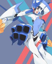 Rule 34 | 1girl, :d, blue hair, bodysuit, commentary request, cosplay, darling in the franxx, delphinium (darling in the franxx), delphinium (darling in the franxx) (cosplay), hair ornament, hairclip, headgear, highres, ichigo (darling in the franxx), joints, machi (wm), mecha musume, open mouth, robot joints, short hair, smile, solo, upper body, yellow eyes