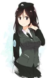 Rule 34 | 10s, 1girl, arm behind back, beret, black eyes, black hair, black hat, black jacket, black necktie, black skirt, closed mouth, commentary, dress shirt, emblem, girls und panzer, hand in own hair, hat, jacket, japanese tankery league (emblem), light smile, long hair, long sleeves, looking at viewer, megumi (girls und panzer), military, military hat, military uniform, miniskirt, necktie, one-hour drawing challenge, pencil skirt, selection university (emblem), selection university military uniform, shirt, simple background, skirt, solo, standing, swept bangs, tam a mat, twitter username, uniform, upper body, white background, white shirt, wing collar