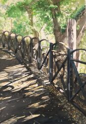 Rule 34 | day, fence, highres, iron fence, nature, no humans, original, outdoors, painting (medium), scenery, shadow, sunlight, tlctm7h8wdwnthx, traditional media, tree shade, watercolor (medium)