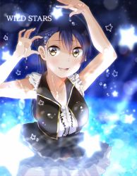 Rule 34 | 1girl, arm up, bad id, bad pixiv id, blue hair, collarbone, commentary request, cowboy shot, hair between eyes, hand in own hair, highres, long hair, looking at viewer, love live!, love live! school idol festival, love live! school idol project, open mouth, panda copt, partially submerged, smile, solo, sonoda umi, star (symbol), water, water drop, wet, wet clothes, wild stars, yellow eyes