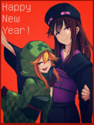 Rule 34 | 2girls, ander (at2.), at2., blush, brown hair, commentary request, creeper, cupa (at2.), enderman, english text, gloves, happy new year, hat, highres, japanese clothes, kimono, long hair, looking at viewer, minecraft, multiple girls, new year, one eye closed, open mouth, orange eyes, orange hair, personification, purple eyes, short hair, simple background, smile