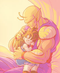 Rule 34 | 2boys, ^ ^, antennae, biceps, black hair, black nails, blue pants, blush, child, closed eyes, closed mouth, colored skin, commentary request, dougi, dragon ball, dragon ball super, dragon ball super super hero, dragonball z, fingernails, hair between eyes, hand on another&#039;s head, happy, highres, hug, koukyouji, long hair, male focus, multiple boys, muscular, muscular male, namekian, orange piccolo, orange skin, pants, piccolo, pointy ears, purple pants, red sash, red wristband, sash, simple background, sitting, smile, son gohan, spiked hair, wristband, yellow background