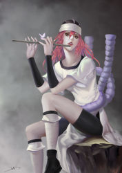 Rule 34 | 1girl, absurdres, bug, butterfly, flute, hat, highres, insect, instrument, lips, long hair, naruto, naruto (series), red hair, sitting, solo, tayuya (naruto), xiumu bianzhou