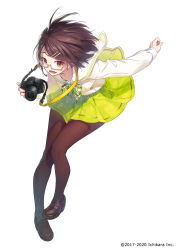 Rule 34 | 1girl, bent over, bow, bowtie, breasts, brown hair, camera, collarbone, full body, glasses, highres, holding, holding camera, long sleeves, looking at viewer, nijisanji, nilitsu, open mouth, pantyhose, seto miyako, shoes, short hair, simple background, skirt, small breasts, solo, tongue, virtual youtuber, white background