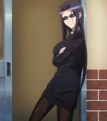 Rule 34 | 10s, 1girl, black hair, business suit, formal, glasses, highres, long hair, monster musume no iru nichijou, ms. smith, smile, solo, standing, stitched, suit, sunglasses, thighhighs, third-party edit, tinted eyewear