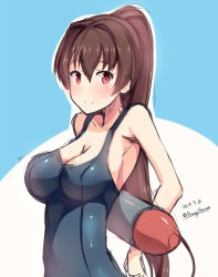 Rule 34 | 10s, 1girl, alternate costume, arms behind back, blush, breasts, brown hair, dated, kantai collection, large breasts, long hair, looking at viewer, one-piece swimsuit, ponytail, red eyes, school swimsuit, shuuichi, sketch, smile, solo, swimsuit, torpedo, twitter username, upper body, yamato (kancolle)