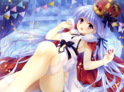 Rule 34 | 1girl, :d, absurdres, blue hair, breasts, brown hair, cape, confetti, cup, drinking glass, highres, bridal garter, long hair, medium breasts, no bra, no panties, open mouth, purple eyes, smile, solo, streamers, tatekawa mako, very long hair, wine glass