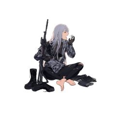 1girl ak-12 ak-12_(faint_light_of_furthest_day)_(girls&#039;_frontline) ak-12_(girls&#039;_frontline) assault_rifle barefoot boots camouflage closed_eyes duoyuanjun feet full_body girls&#039;_frontline grey_hair grey_jacket gun highres jacket kalashnikov_rifle long_hair long_sleeves official_art open_mouth profile rifle simple_background sitting soles solo tears third-party_source toenails toes torn_clothes transparent_background unworn_boots weapon yawning