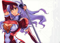 Rule 34 | 1girl, absurdres, amelia evans, breasts, brown hair, cleavage, cleavage cutout, clothing cutout, elbow gloves, female focus, freezing (series), gloves, highres, huge filesize, kim kwang hyun, large breasts, light purple hair, long hair, multicolored hair, official art, polearm, scan, solo, two-tone hair, weapon