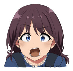 Rule 34 | 1girl, blue shirt, blush, brown hair, commentary request, cropped torso, ekaki no shion, girls band cry, iseri nina, looking at viewer, low twintails, open mouth, shirt, short hair, short twintails, simple background, solo, teeth, twintails, twitter username, upper body, white background