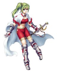 Rule 34 | 1girl, armored boots, blue eyes, boots, cape, capelet, commentary request, crop top, full body, gauntlets, green hair, holding, holding sheath, knee boots, midriff, naramura, navel, red shorts, rpg maker, sheath, shorts, side ponytail, smile, solo, sword, weapon, white cape, white capelet