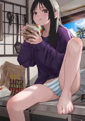 Rule 34 | 1girl, absurdres, akiyama mio, bag, barefoot, black eyes, black hair, blue sky, burger, burger king, closed mouth, cloud, collarbone, commentary request, day, eating, food, highres, holding, holding food, indoors, k-on!, kitchen, knee up, long hair, long sleeves, necosuna7l, no pants, panties, paper bag, plastic bag, purple sweater, scissors, sidelocks, sitting, sky, solo, spatula, striped clothes, striped panties, sweater, toenails, toes, tongue, tongue out, underwear, white panties, window