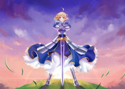 Rule 34 | 1girl, ahoge, armor, armored dress, artoria pendragon (all), artoria pendragon (fate), blonde hair, dress, excalibur (fate/stay night), fate/stay night, fate (series), field, gauntlets, gradient background, hands on hilt, planted, planted sword, planted weapon, riku (lingsky), saber (fate), solo, sword, weapon