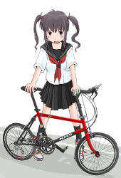Rule 34 | 1girl, :d, bicycle, black socks, blush, blush stickers, child, full body, kneehighs, looking at viewer, maruyo, open mouth, pleated skirt, sailor collar, school uniform, serafuku, skirt, smile, socks, solo, standing, twintails