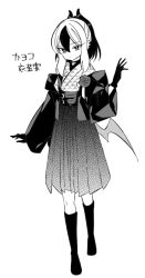 Rule 34 | 1girl, alternate costume, belt, blue archive, boots, choker, closed mouth, demon horns, demon wings, dot mouth, dot nose, double-parted bangs, ear piercing, flower, full body, gloves, greyscale, hair between eyes, hakama, hakama skirt, hand up, haori, horns, japanese clothes, kayoko (blue archive), kimono, knee boots, long sleeves, looking at viewer, medium hair, monochrome, multicolored hair, nogiwa kaede, off shoulder, piercing, pleated skirt, rose, sidelocks, simple background, single wing, skirt, solo, standing, thick eyebrows, translation request, tsurime, two-tone hair, white background, wide sleeves, wings