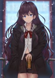 10s 1girl blurry bokeh brown_hair can canned_coffee depth_of_field drink_can earrings female_focus hand_in_pocket highres ichinose_shiki idolmaster idolmaster_cinderella_girls jewelry kanikou long_hair looking_at_viewer navel school_uniform snow solo