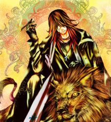 Rule 34 | 1boy, cross marian, d.gray-man, gloves, hair over one eye, jewelry, lion, long hair, male focus, mask, necklace, red hair, seon, solo