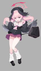 Rule 34 | 1girl, bag, beret, black footwear, black hat, black shirt, black wings, blue archive, blush, buttons, full body, grey background, halo, hat, head wings, highres, koflif, koharu (blue archive), long hair, long sleeves, looking at viewer, open mouth, pink eyes, pink hair, pink halo, pleated skirt, red skirt, sailor collar, sailor shirt, shirt, shoes, simple background, skirt, socks, solo, twintails, white sailor collar, white socks, wings