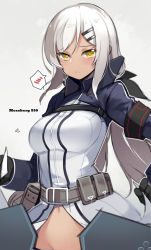 Rule 34 | 1girl, aosora kamiya, armband, belt pouch, black ribbon, blush, breasts, character name, closed mouth, commentary request, girls&#039; frontline, groin, hair ornament, hair ribbon, hairclip, highres, long hair, long sleeves, looking at viewer, m590 (girls&#039; frontline), medium breasts, navel, out-of-frame censoring, pouch, revision, ribbon, shield module, solo, spoken blush, tan, upper body, white hair, yellow eyes