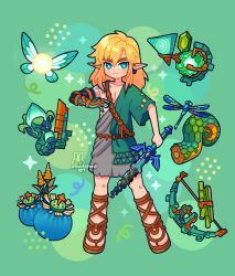 Rule 34 | 1boy, artist name, barefoot sandals (jewelry), blonde hair, body markings, bomb, bow (weapon), broken, broken sword, broken weapon, bug, dragonfly, earrings, explosive, fairy, green background, green eyes, green tunic, highres, holding, holding sword, holding weapon, insect, jewelry, leather ankle straps, long hair, nintendo, no pants, pointy ears, single earring, solo, sword, the legend of zelda, the legend of zelda: tears of the kingdom, viwitched art, watermark, weapon
