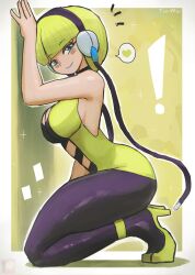 Rule 34 | !, 1girl, against wall, ass, bare shoulders, blonde hair, blue eyes, breasts, cleavage, come hither, creatures (company), elesa (pokemon), from side, game freak, headphones, highres, large breasts, nintendo, pokemon, pokemon bw, sideboob, sleeveless, tony welt