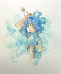Rule 34 | 1girl, arm above head, blue dress, dated, dress, frilled sleeves, frills, hair ornament, hair stick, highres, kaku seiga, looking at viewer, medium hair, one-hour drawing challenge, painting (medium), shiroma (mamiko), short sleeves, touhou, traditional media, vest, watercolor (medium), white background, yellow vest