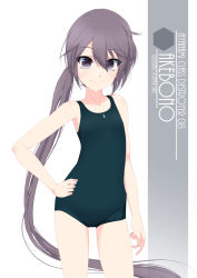 Rule 34 | 1girl, ahoge, akebono (kancolle), artist name, character name, collarbone, commentary request, cowboy shot, eyes visible through hair, flat chest, hair between eyes, hand on own hip, highres, inaba shiki, kantai collection, long hair, looking at viewer, new school swimsuit, one-piece swimsuit, purple eyes, purple hair, school swimsuit, side ahoge, side ponytail, simple background, smile, solo, standing, swimsuit, very long hair, white background