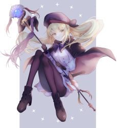 Rule 34 | 1girl, artoria caster (fate), artoria caster (second ascension) (fate), artoria pendragon (fate), belt, black bow, black gloves, black pantyhose, blonde hair, blue belt, blue bow, blue cape, blue hat, bow, bowtie, brown footwear, buttons, cape, commentary request, dress, fate/grand order, fate (series), floating hair, gloves, green eyes, hair between eyes, hair bow, hat, highres, holding, holding staff, holding weapon, long hair, long sleeves, looking at viewer, nozawa noko, pantyhose, red cape, sheath, sheathed, short sword, sidelocks, solo, staff, sword, twintails, two-tone cape, very long hair, weapon, white dress