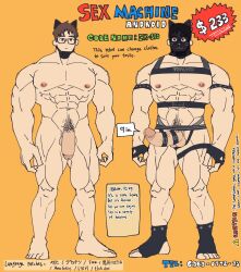 Rule 34 | 1boy, abs, android, animal ears, arm strap, bara, brown hair, cat boy, cat ears, cat tail, chest harness, cx-330 (tenji), english text, erection, fingerless gloves, full body, glasses, gloves, half-erect, harness, highres, large pectorals, male focus, male pubic hair, mask, mask on head, multiple views, muscular, muscular male, nipples, original, pectorals, pubic hair, short hair, simple background, tail, tenji (tenji 89), thick eyebrows, thigh strap, toeless footwear, yellow background